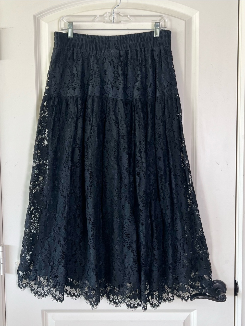 Vintage Cristina Maxx Black Lace Maxi Skirt Side Slit Lined Scallop Trim Large - Picture 9 of 11